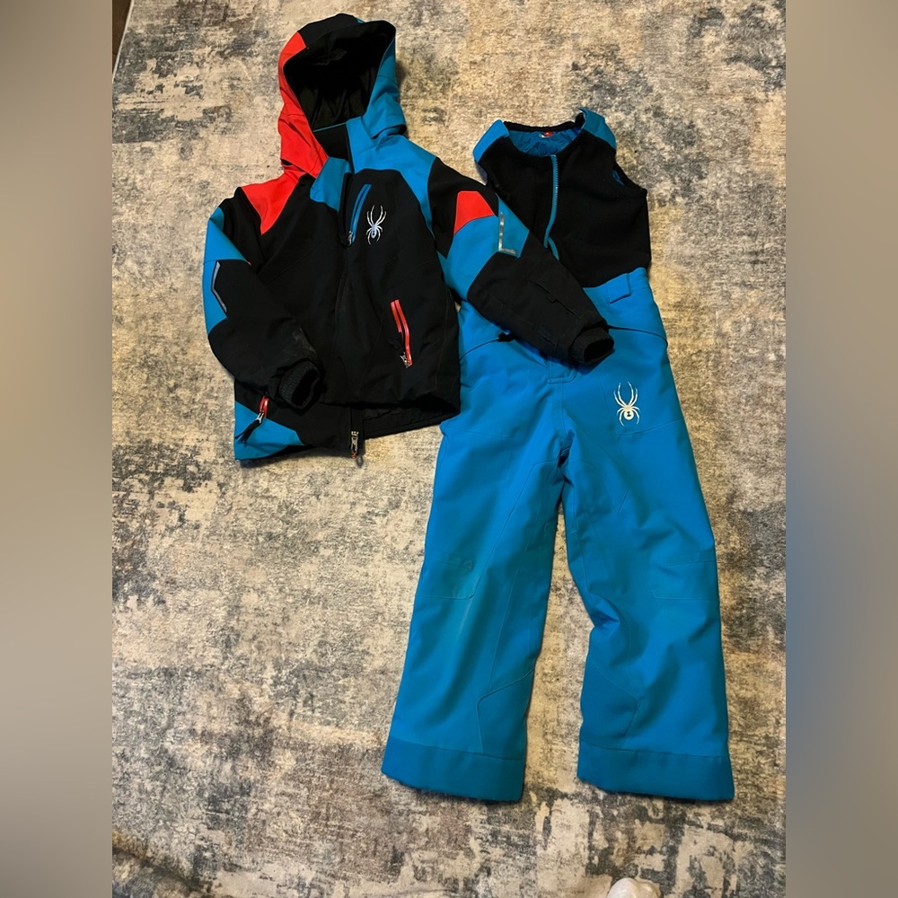 Blue & Black Kids Ski Jacket and Bib Set with Red Accents